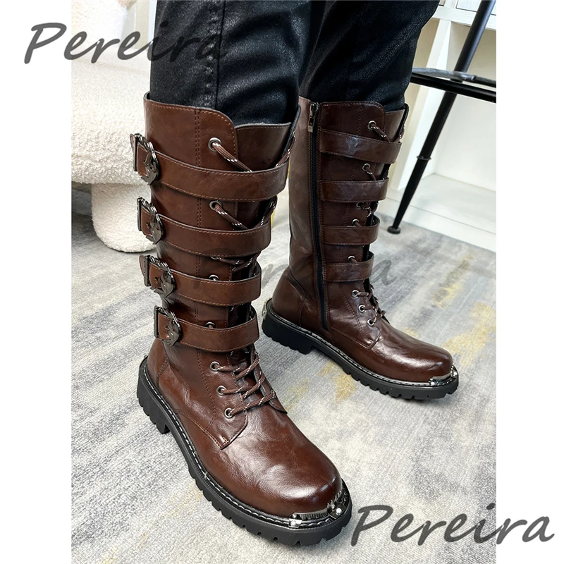 Retro Metal Decor Belt Buckle Long Boots for Men Round Toe Lace Up Thick Soled Knight Boots Autumn Winter New Outdoor Male Shoes view 2