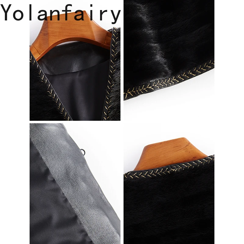 YOLANFAIRY معطف الفرو الحقيقي امرأة الخريف الشتاء الربط قطع من فرو المنك سترة صدرية الخامس الرقبة أكمام الفراء سترة أبلى