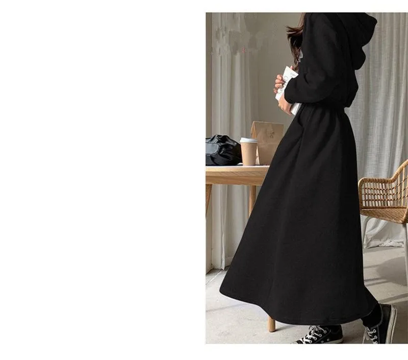 Koreanischer Stil, Herbst-Winter-Kapuzen-Sweatshirt-Kleid, Übergröße, tailliert, einfarbig, langes Kleid für Studentinnen und Frauen, lässig – Detail 18