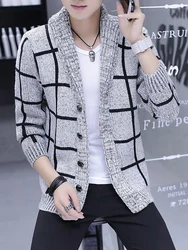 Men's Knitted V-Neck Plaid Cardigan Jacket Thickened Fashionable Korean Style Long Sleeve Business Casual Slim Fit Wool Blend
