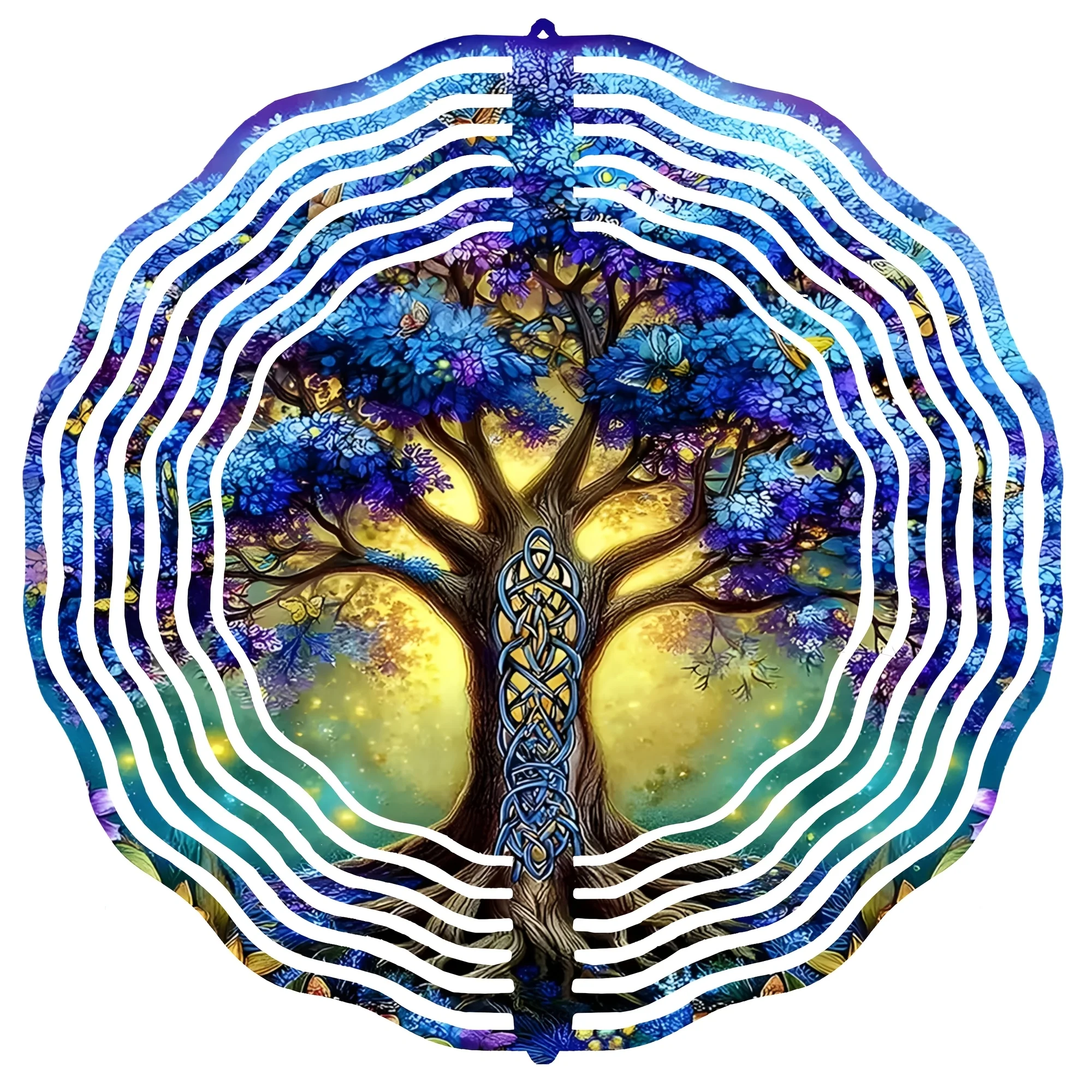 A Dreamy Wind Chime, Featuring a Celtic Tree of Life Theme, Adorned with Purple-Blue Flowers And Butterflies