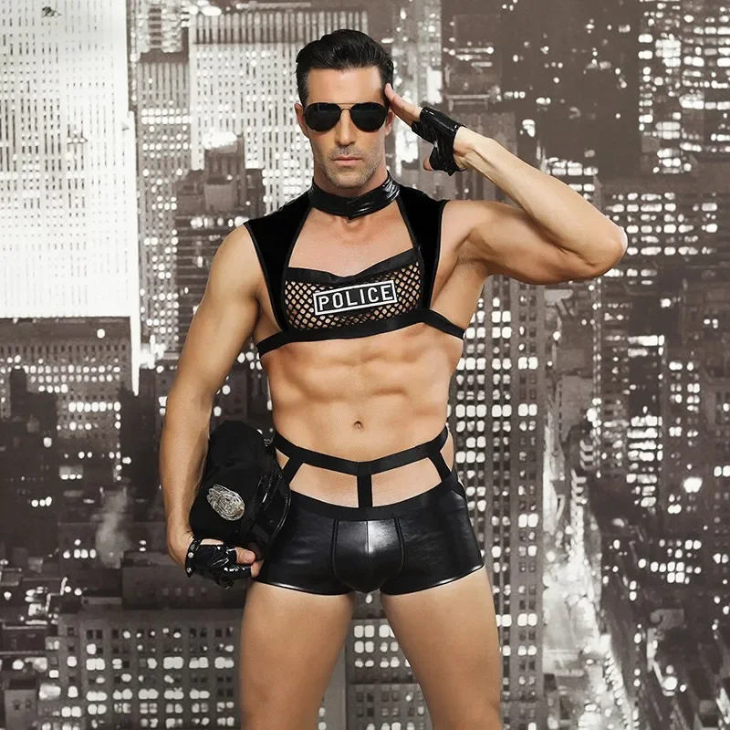 Men's Sexy Underwear Police Men Faux Leather Lingerie Sexy Costume  Adult Policemen Panties Hat Set