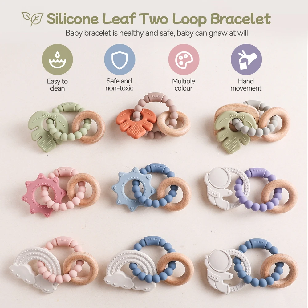 Silicone baby teether,Leaves Wooden Wreath Teething Toys,Baby Born Accessories,Baby Toys 6 12 Months,NO BPA Toddler Toys Gifts