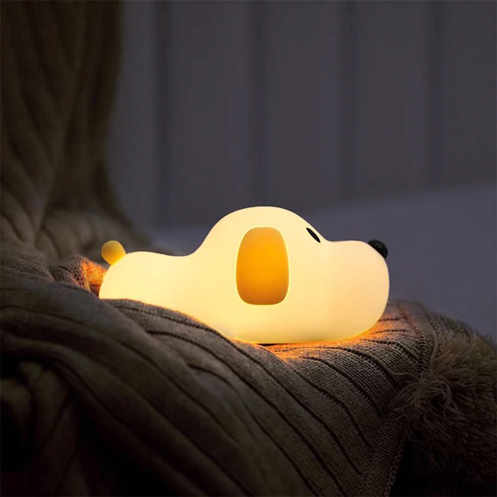 Cute Night Light Dog Silicone Lamps Warm White Pat Control Lovely Birthday Christmas Gift for Kids Boy Soft Touch USB Recharging