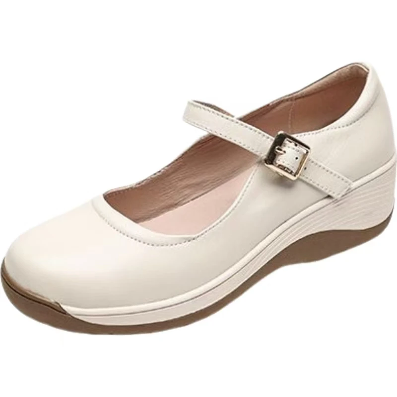 

Women's Leather Wedges Casual Shoes Spring Autumn New Round Toe Shallow Buckle Strap Thick Sole Lightweight Nude Shoes