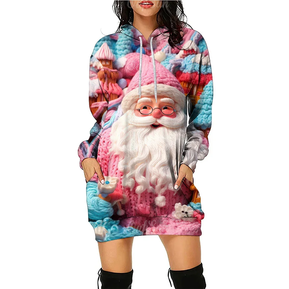 Christmas Women‘s Dress Hoodie  Winter  Santa Claus Print Hooded Mini Dress Outdoor Daily Long Sleeve Pullover Tops