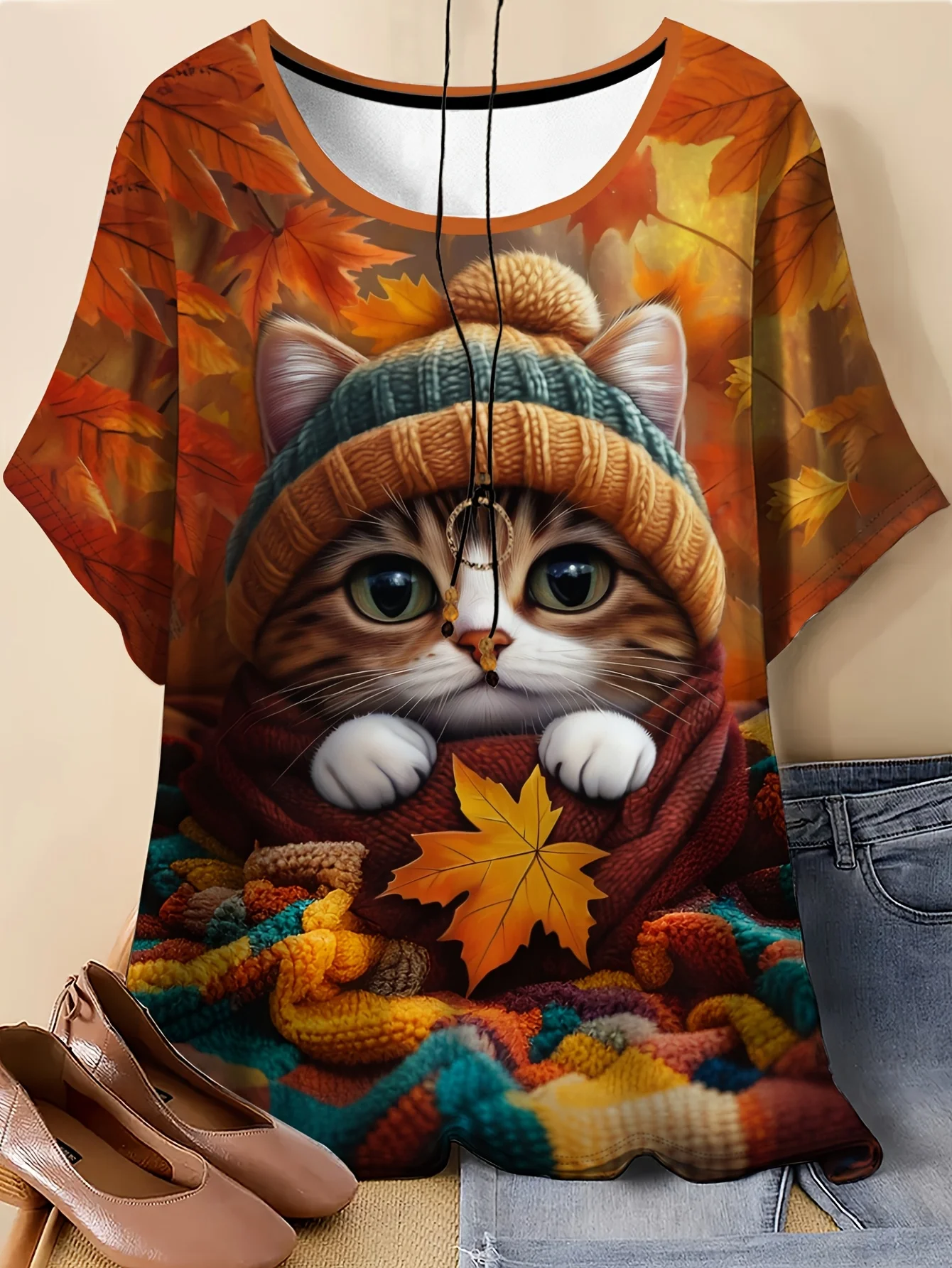 Women Round Neck Short Sleeve T‑shirt Warm Autumn Cat Maple Leaf Knit Hat Print Loose Fit Casual Daily Tee Top Women's Clothes