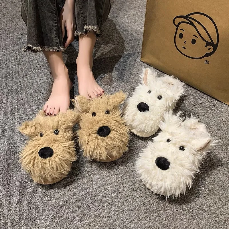 Fried fur, messy dog, cotton slippers, cute female personality, winter warmth, indoor home use, hairy slippers