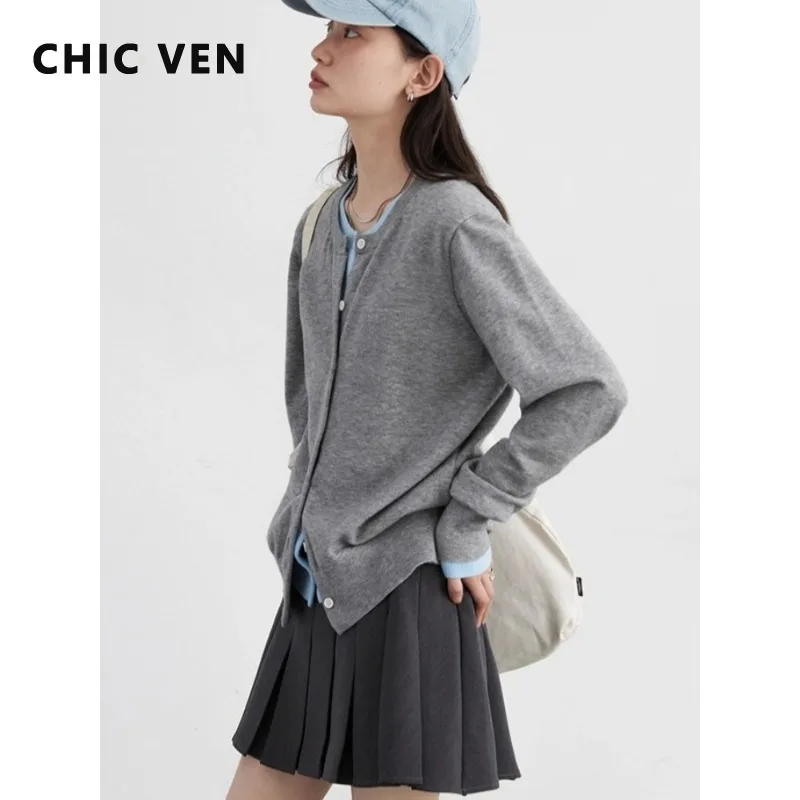 

CHIC VEN корейский женский кардиган свободный с круглым вырезом с двойной планкой контрастного цвета вязаные свитера для девочек джемперы весна осень 2025