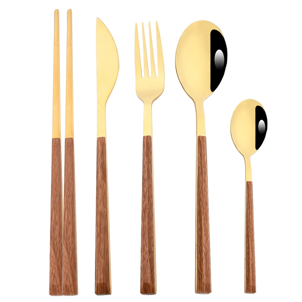 

Brown Gold 5Pc Cutlery Stainless Steel Fork Western Knife Spoon Dinnerware Kitchen Tableware Set Imitation Wood Handle Flatware