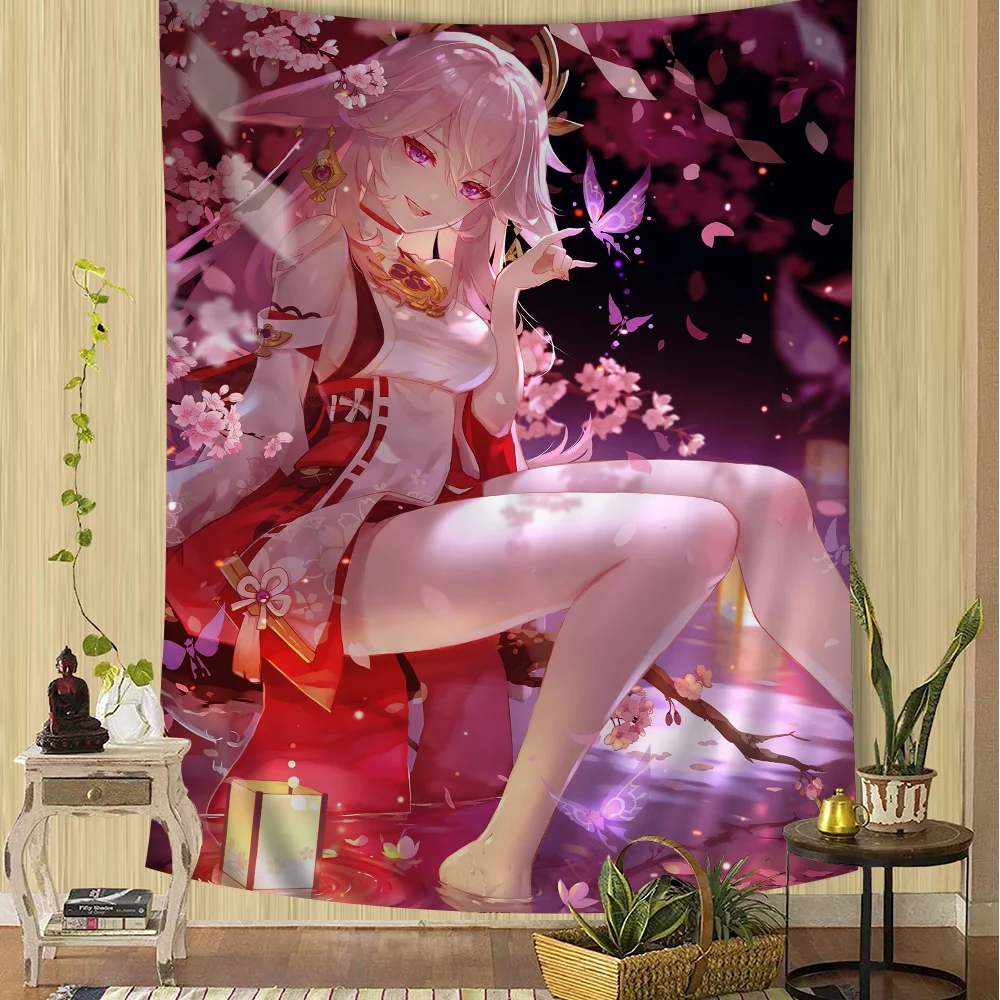 Genshin Impact Yae Miko Anime Tapestry Hippie Flower Wall Carpets Dorm Decor Wall Hanging Home Decor