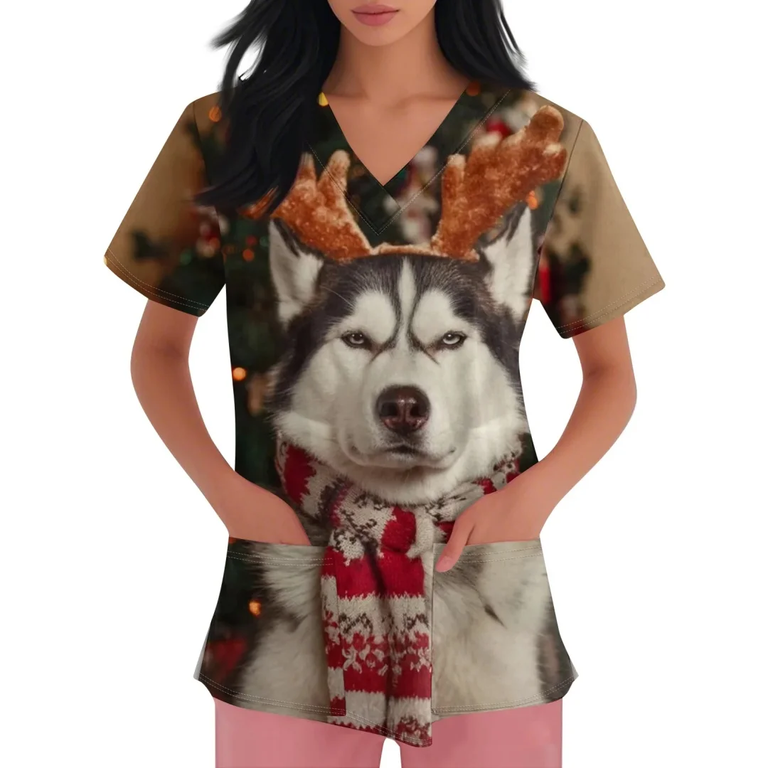 Uniforme clínico mulher rena papai noel impressão natal com decote em v esfrega mulher moda manga curta uniformes cirúrgicos mulher topo