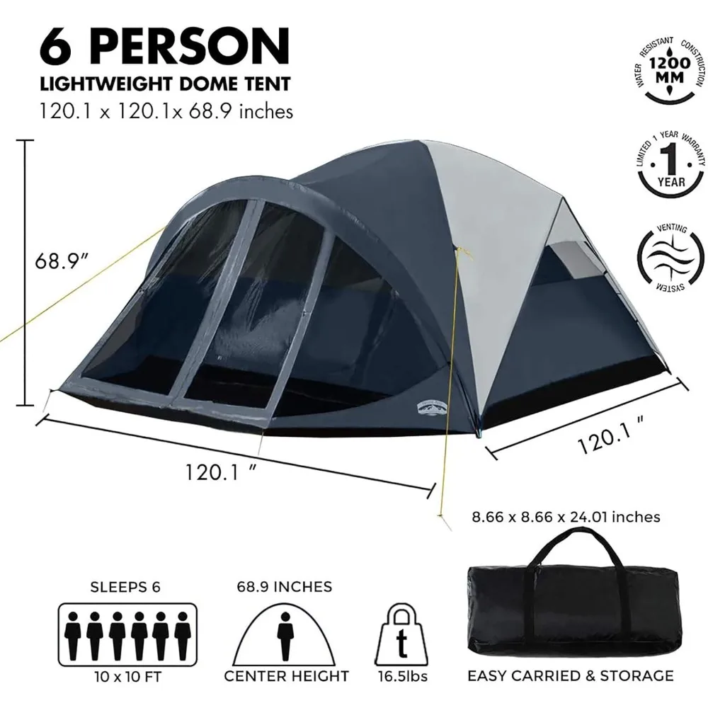 6 Person Dome Tent w/ Removable Rain Fly and Screen Room, Water Resistant - Navy/Gray