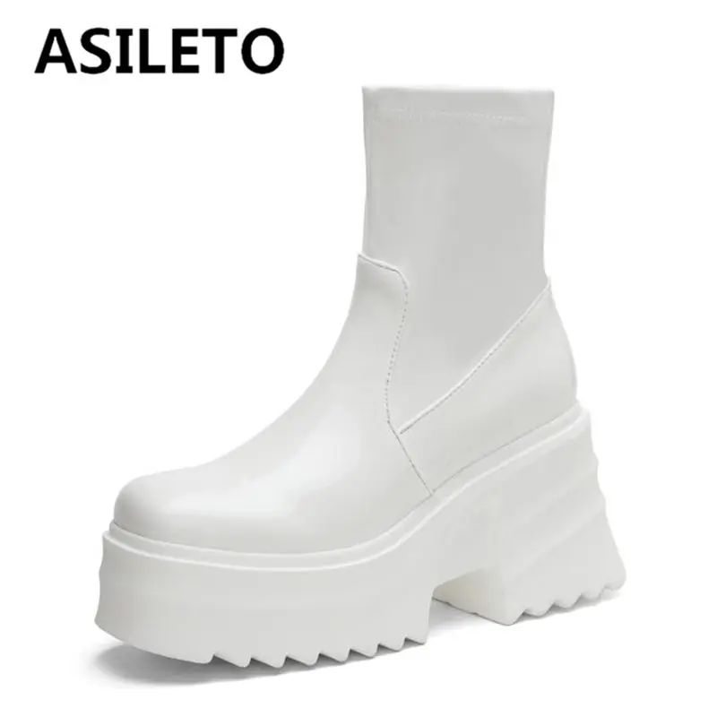 

ASILETO Patent Leather Women Ankle Boots Square Toe Chunky Heels 9cm Platform Hill Zipper Plus Size 42 43 Fashion Party Booty