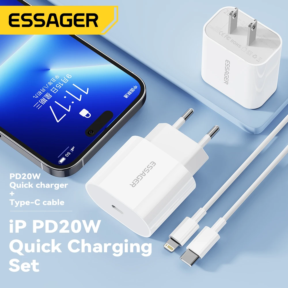 Essager Lightning Cable Chargers For iPhone PD 20W USB C Charger Set For iPhone 14 13 12 iPad Pro Max Type C Fast Charging Kit