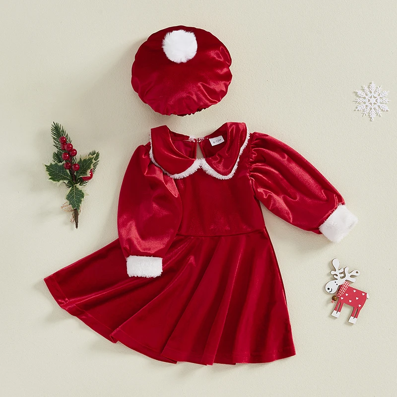 Vestido de princesa de una línea de Navidad para niñas Vestido de Papá Noel con cuello de muñeca de manga larga y sombrero