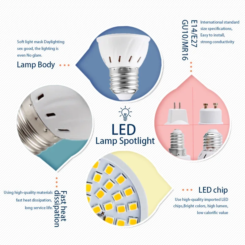 Imagem -03 - Lâmpada Led E27 E14 Mr16 Gu10 ac 110v 220v Holofotes 10 Peças Lote 48 60 80 2835 Smd