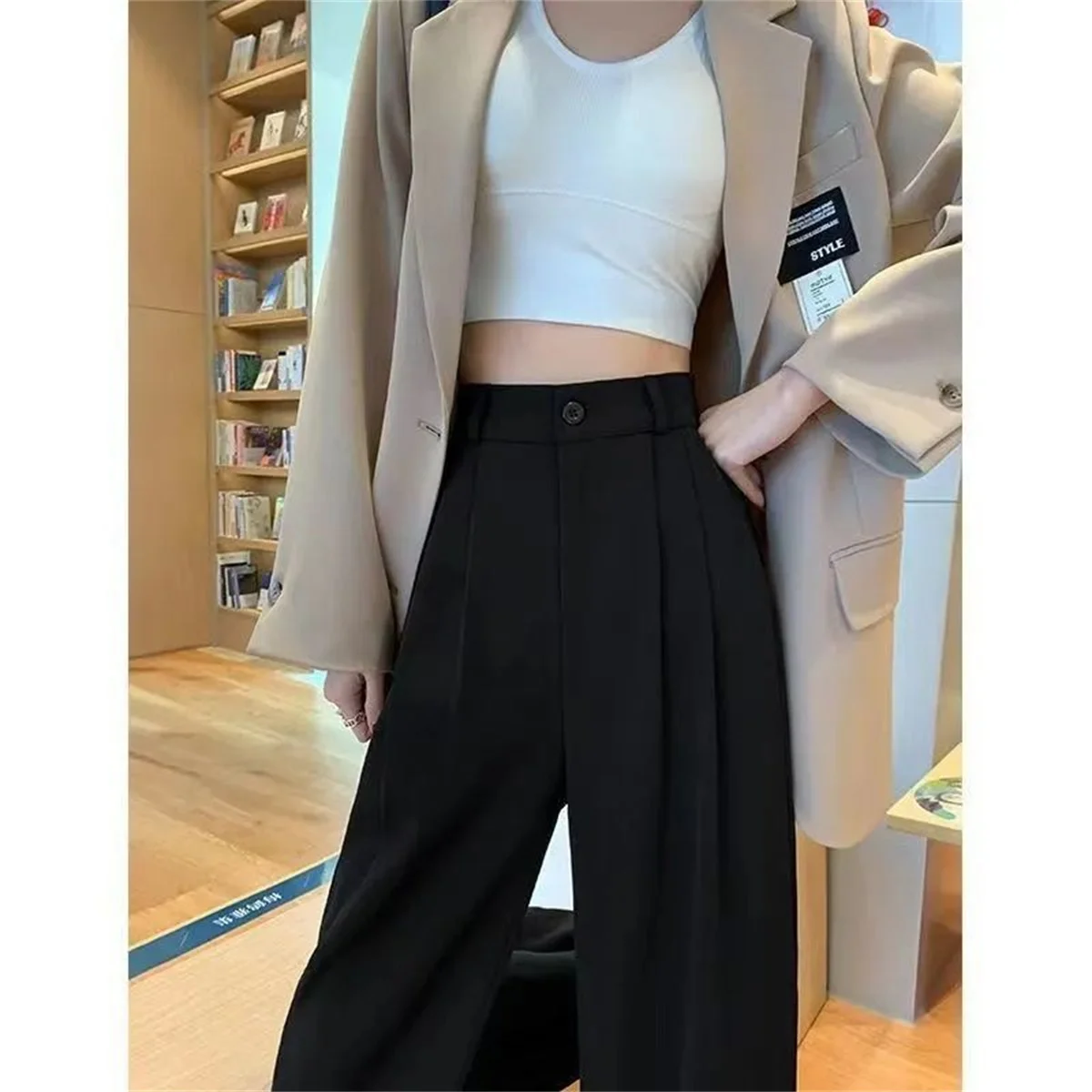 Fashion High Waist Wide Leg Pants Women Spring Fall Baggy Black Trouser Office Ladies Full Length Straight Suit Pant Outwear New