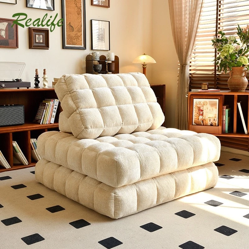 Realife Waffle Lazy Sofa Tatami Cream Style Single Living Room Combination Block Module Tofu Block Fabric Sofa 88*105*40CM 2024