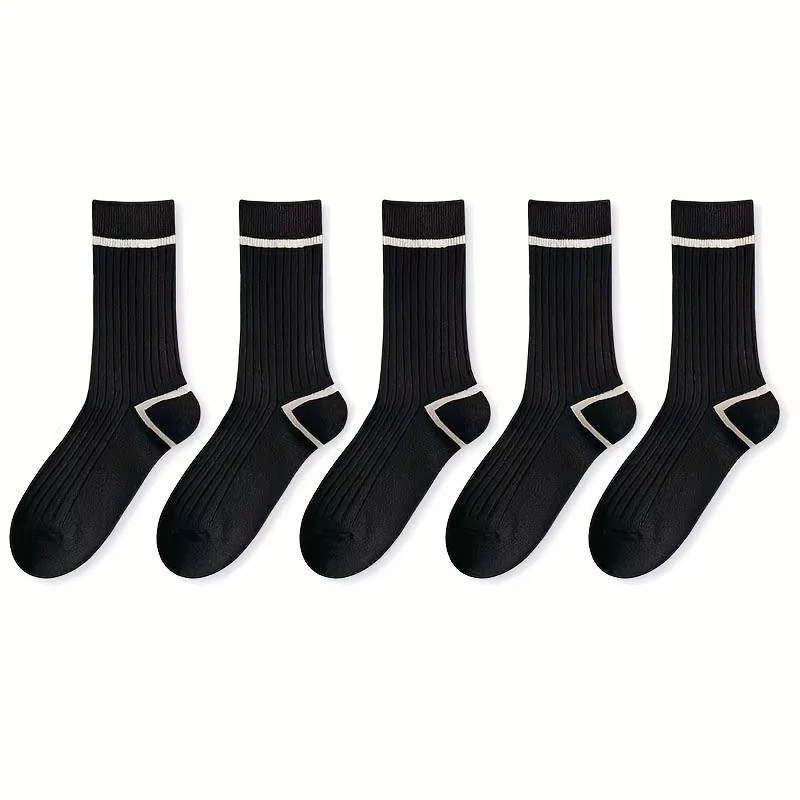 

5 пар удлиненных осенне-зимних модных и теплых чулок с черно-белым вертикальным узором, впитывающих пот