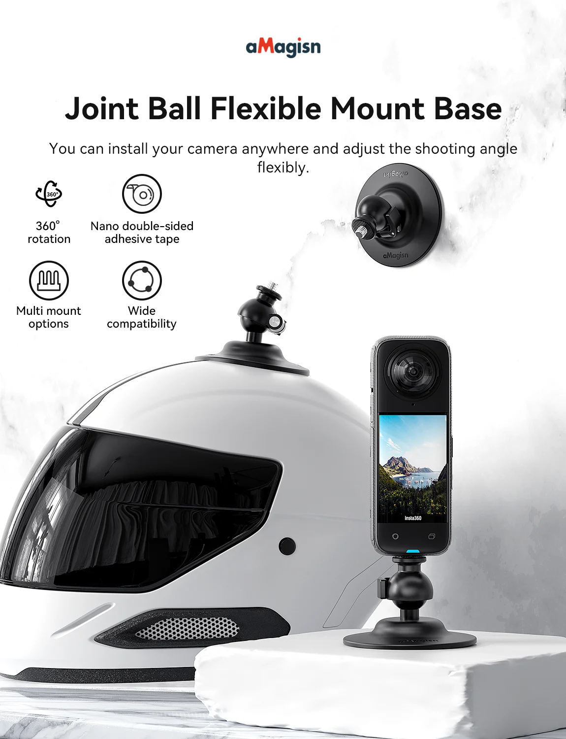 aMagisn Flexible Adhesive Mount with Ball Head 360°Rotation , Washable Reusable Adhesive Base for DJI Insta360 Gopro Accessories