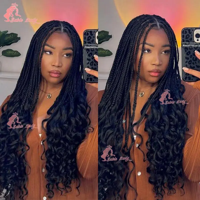 

24 Inch Synthetic Full Lace Knotless Box Braided Wigs with Curly Ends Cornrows Goddess Lace Frontal Braids Wig for Black Women