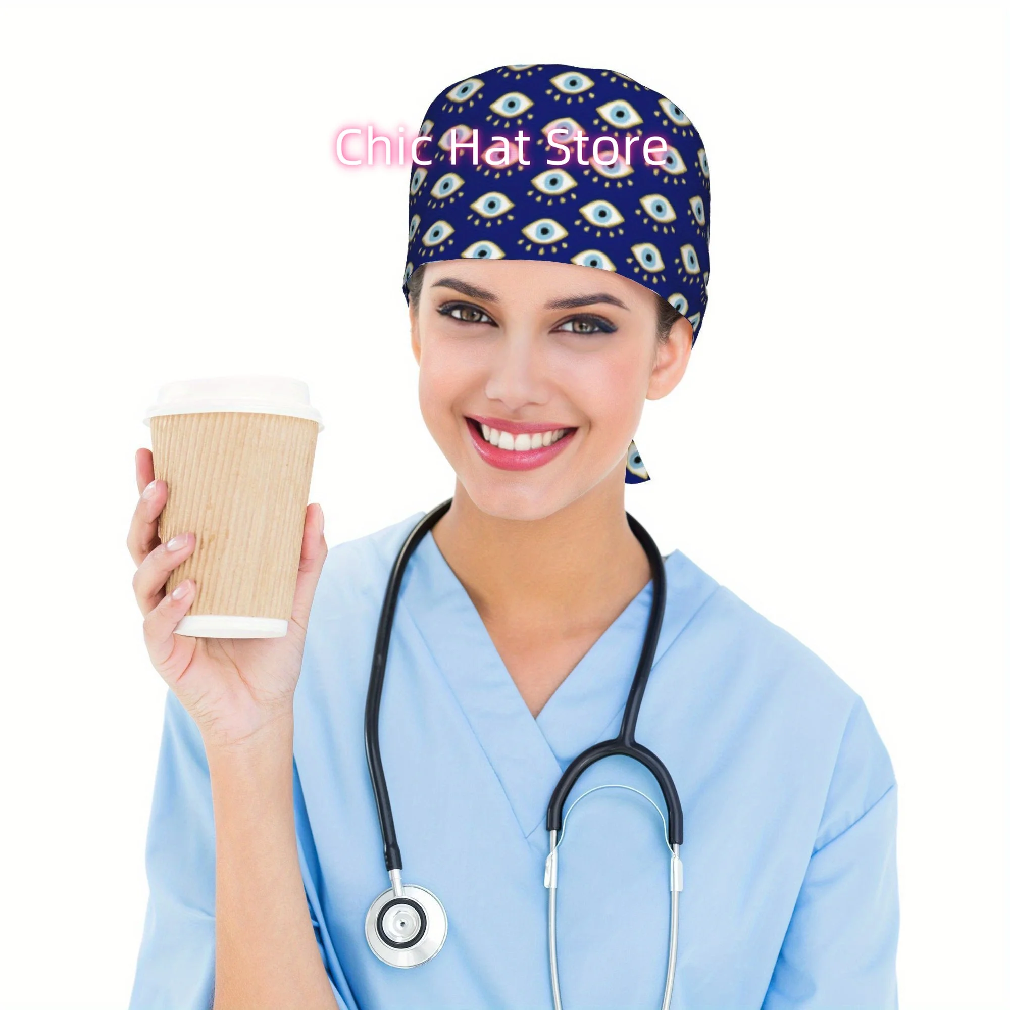 Unisex Work Cap Featuring a Magic Blue Eye Talisman, Adjustable And Lightweight with a Lace-Up Design, Dustproof, Ideal for Nurs