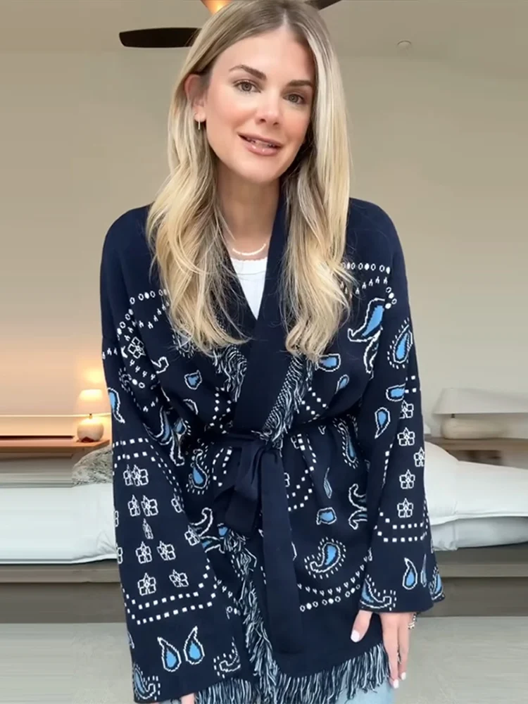 

Casual Print Fringe Shawl Cardigan Women's V-neck Long Sleeve Lace Up Oversized Coats 2025 Autumn New Lady Boho Cover-Up