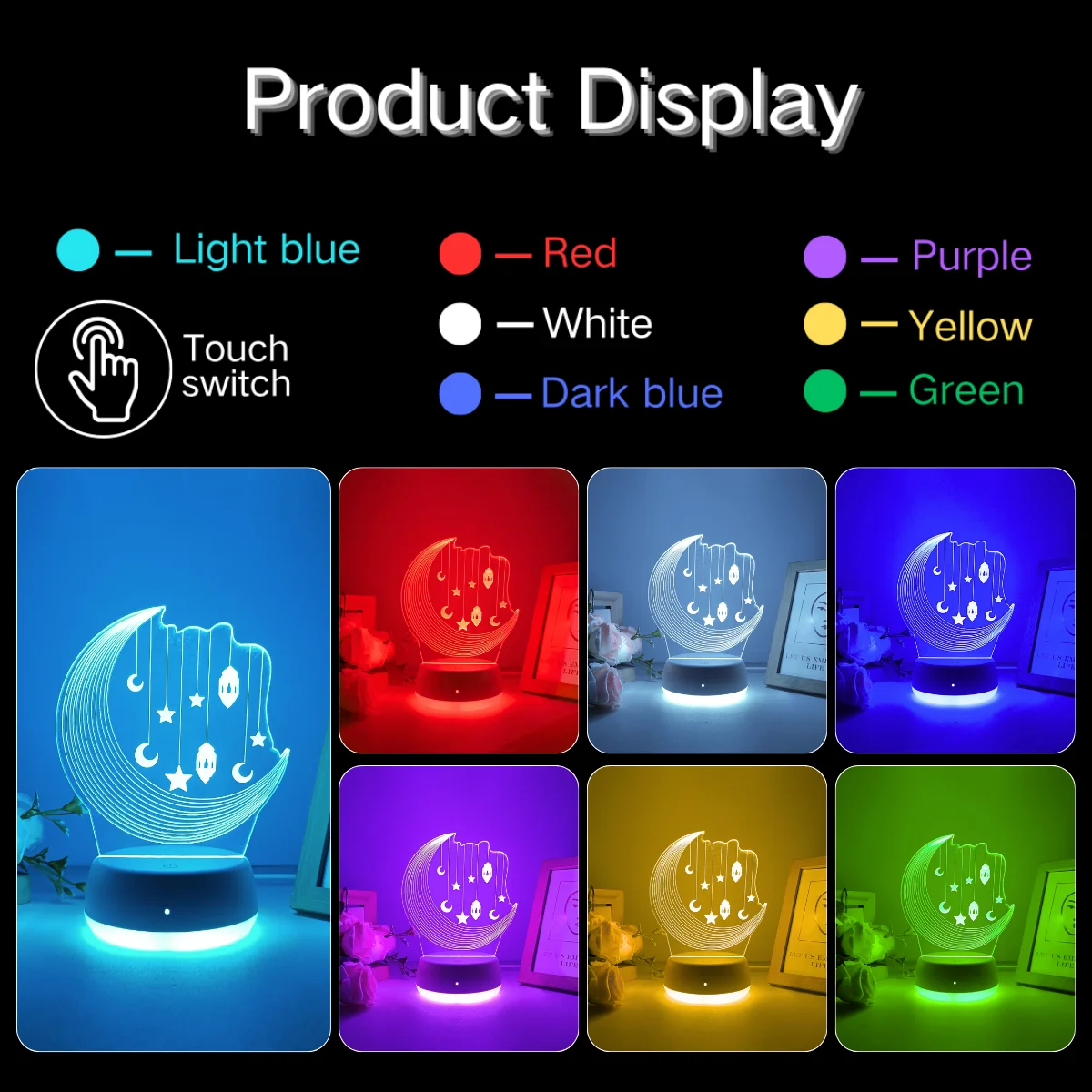 1pc Beautiful Creative Moon Exquisite 3D Night Light, Touch Switch Seven Color Conversion, USB Power Supply, Decorative Light.