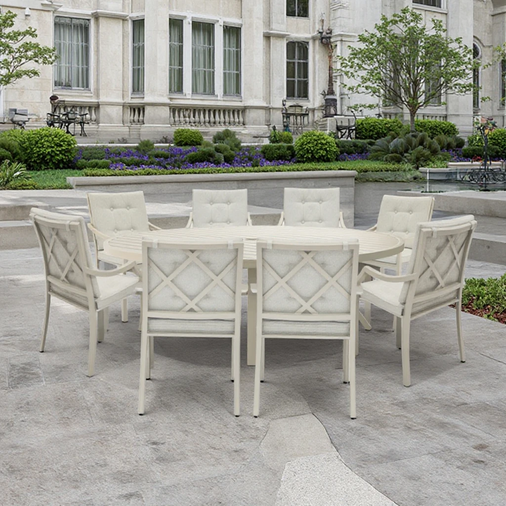 Outdoor Furniture Modern 9pcs Aluminum Tube Metal Dining Table Set for Villa Courtyard Home Bar Application