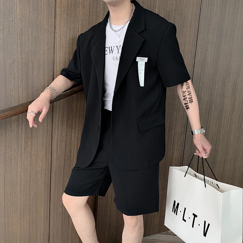 

Summer Spring 2 Piece Mens Sets Matching Suit Jacket Shorts Oversized Solid Color Fashion Streetwear Leisure Suit 2023 S98