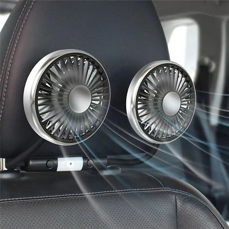 A76T-LED Light 360° Adjustable Car Fan With USB Dual Head Cooling Air Fan 3-Speed Auto Headrest Fan For Rear Seat