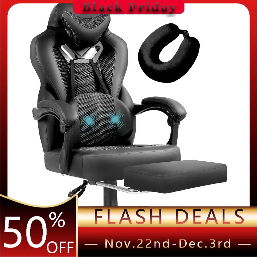 Gaming Chair，Massage Reclining Office Desk Computer Chair with Footrest and Lumbar Support,   with Cushion (Black)