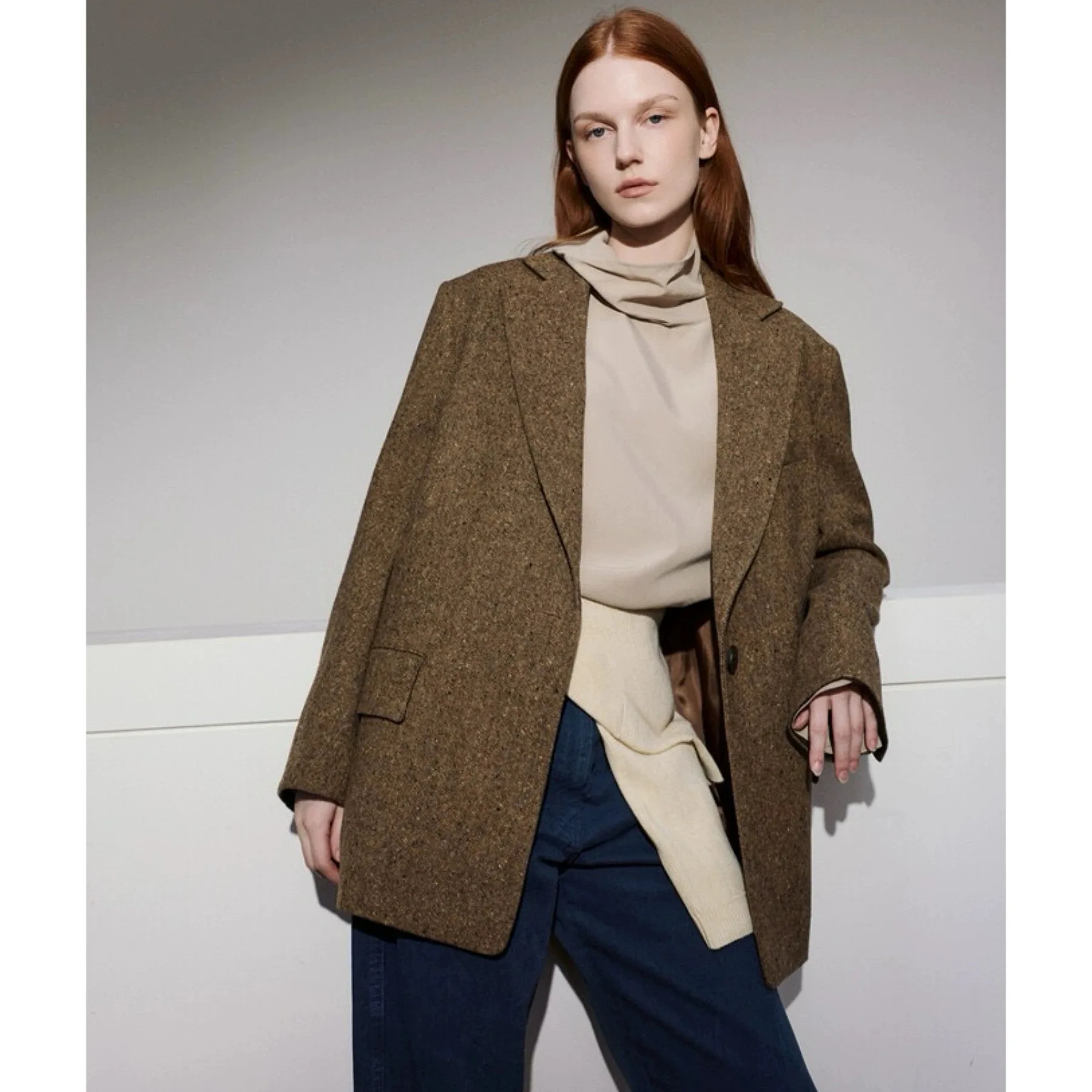 

TIM25 Autumn Lemon Cheese Briti Sle Woolen Suit Jaet Simple Commute Versatile Slimming Long Sve Regular Fit Pure Color