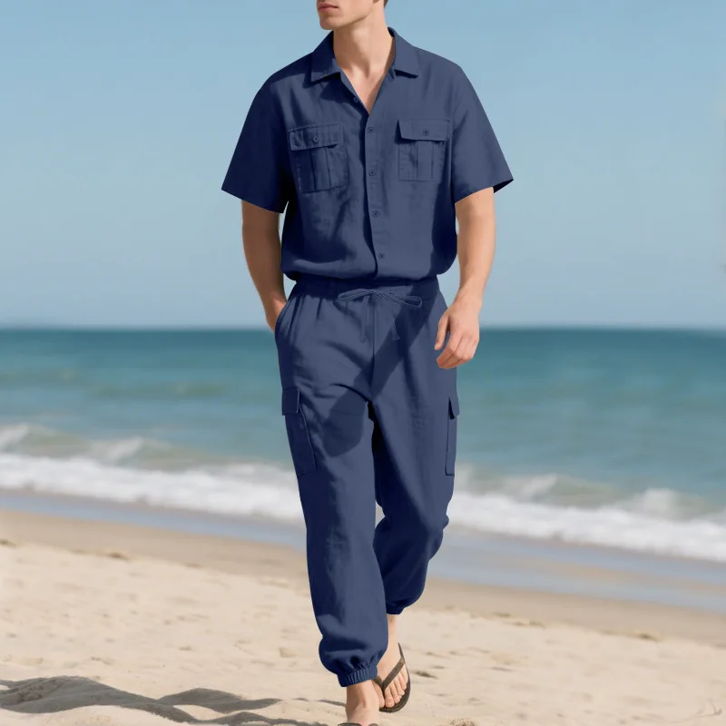 

Summer new European and American linen suit men's loose high-end hip-hop tooling casual short-sleeved trousers suit