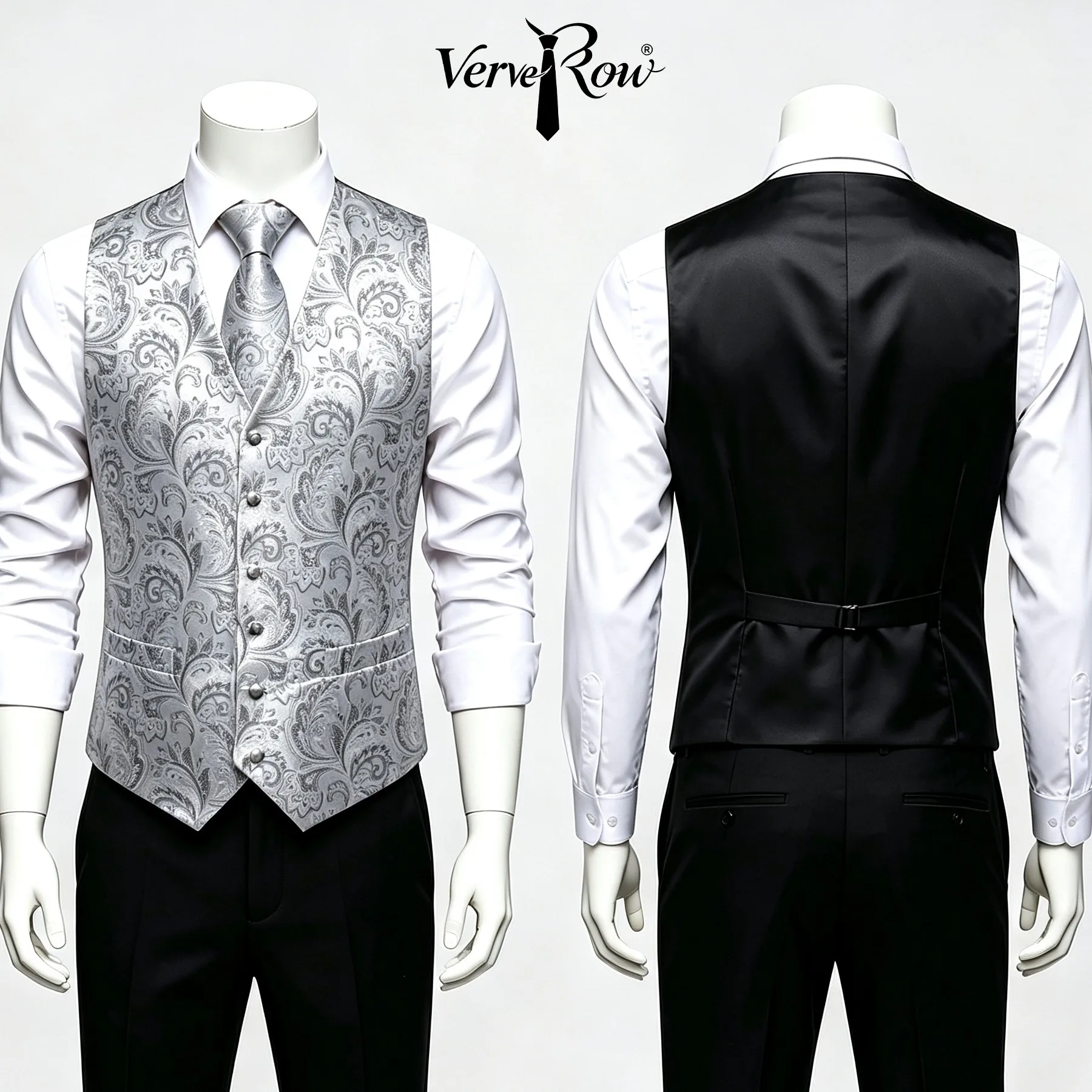 VERVEROW Men Light Gray Paisley Suit Vest Set Jacquard Waistcoat Matching Necktie Handkerchief For Prom Wedding Occasions