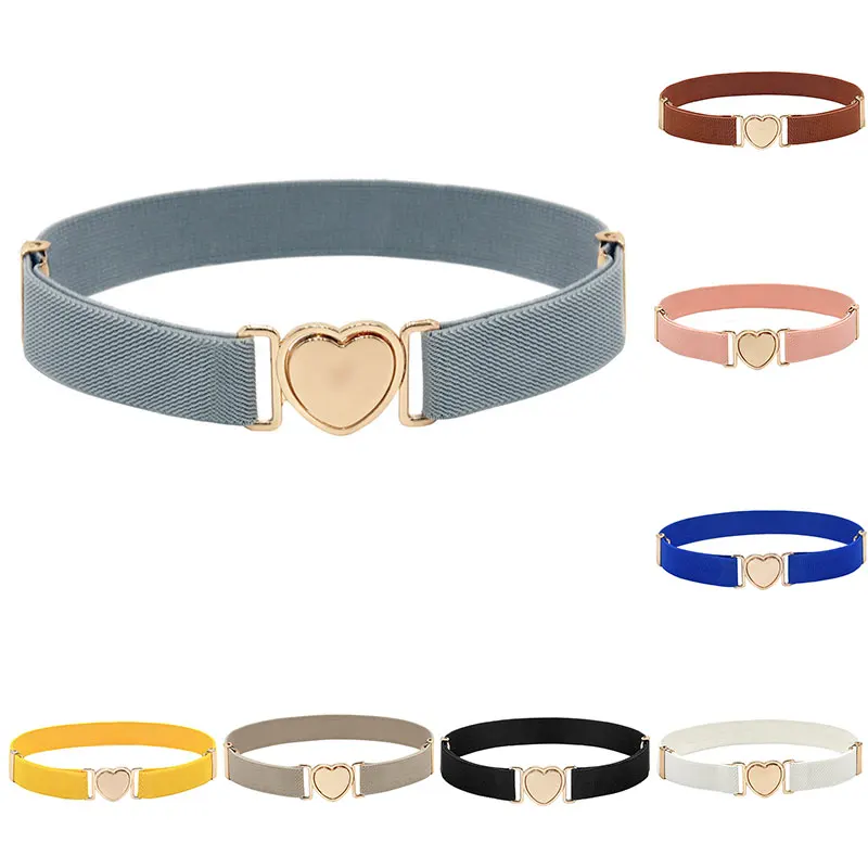 1PCS Adjustable Stretch Waistbands Boys Girls Belt Love Heart Shape Buckle Solid Color Wide Leisure Elastic Waist Belt