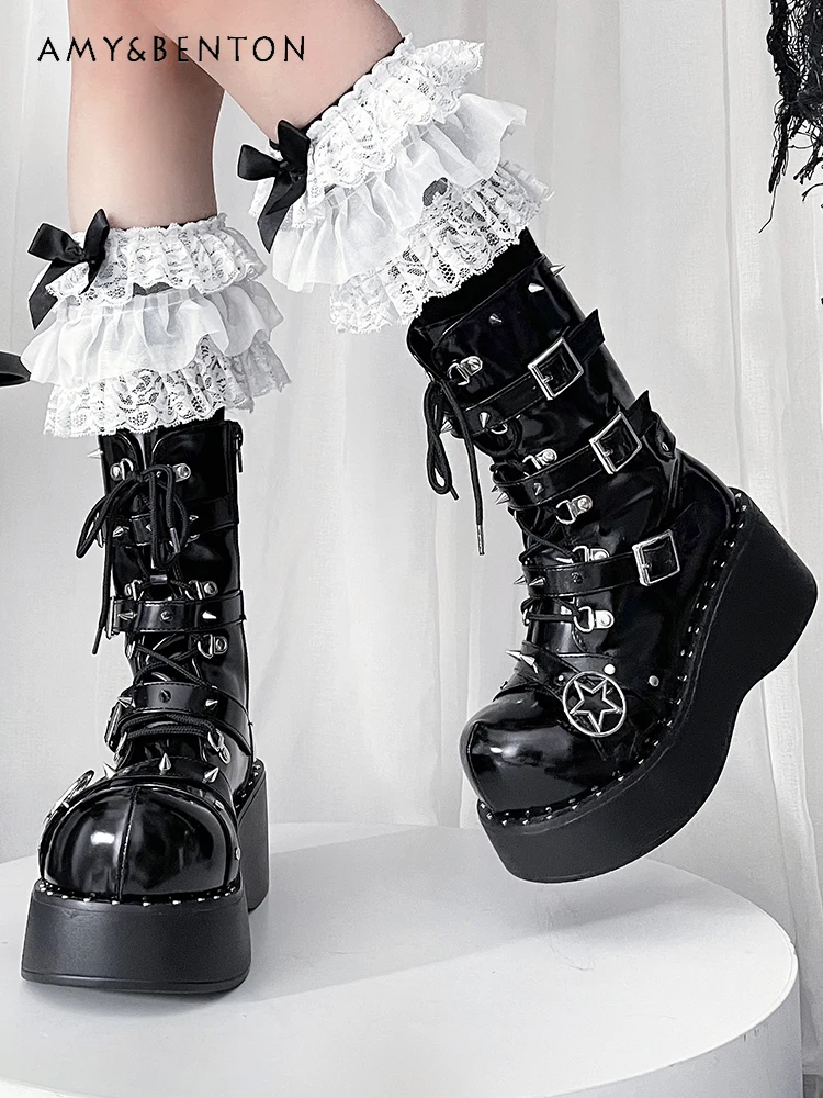 

2025 Spring and Autumn New Subculture Dark Punk Gothic Style Thick-Soled Mid-Calf Height-Increasing Waterproof Non-Slip Boots