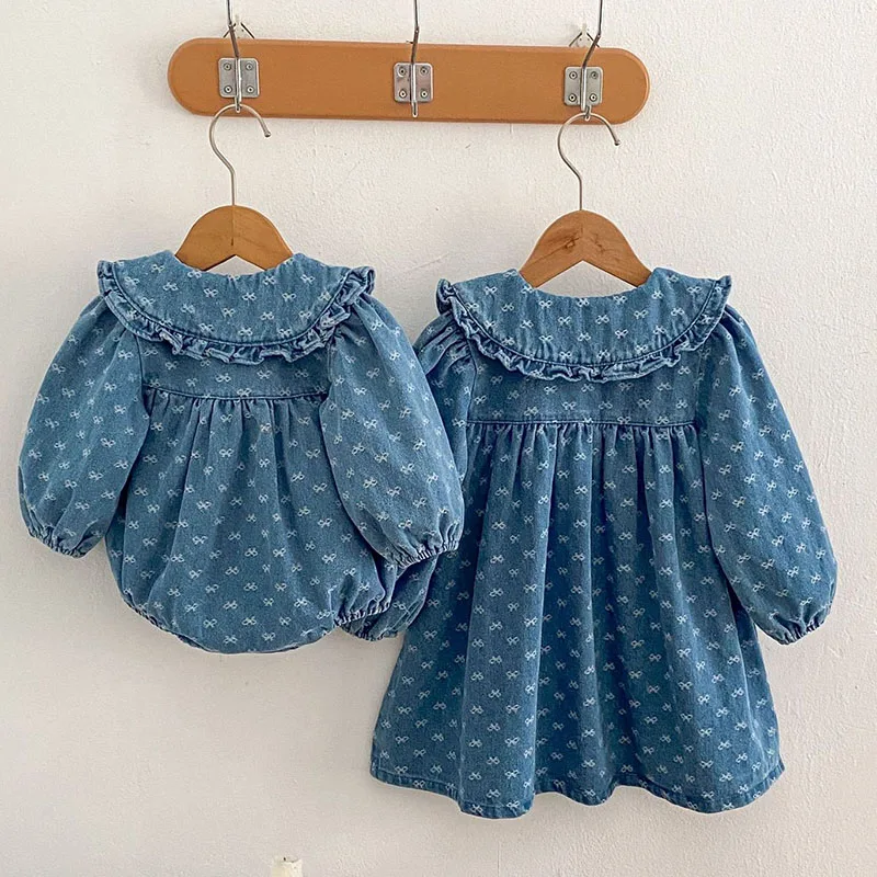 2025 New Spring Sister Clothes 0-4 Yrs Baby Girl Party Dress Baby Girl Romper Long Sleeved Denim Print Kids Princess Dresses