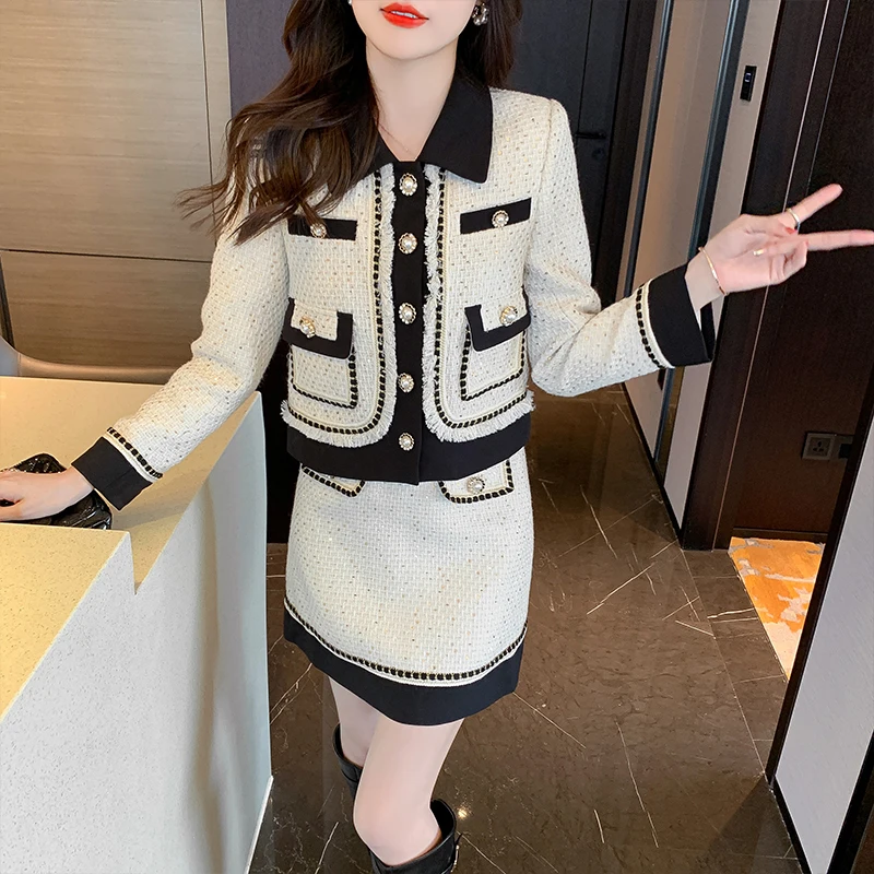 Autumn Winter Houndstooth Print Coats Women+skirt Two Piece Set Women New Turn-down Collar Single-breasted Streetwear Coat Suit