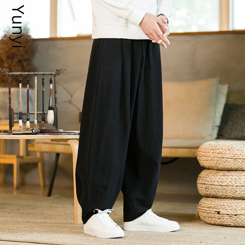 Chinese Style Tai Chi Pants For Men Spring Autumn Martial Arts Practice Pants Wide Leg Loose Fit Cotton Linen Long