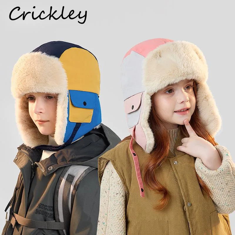 

Solid Patchwork Plush Kids Hats Thick Warm Windproof Boys Girls Ear Protection Hat Winter Soft Children Cap