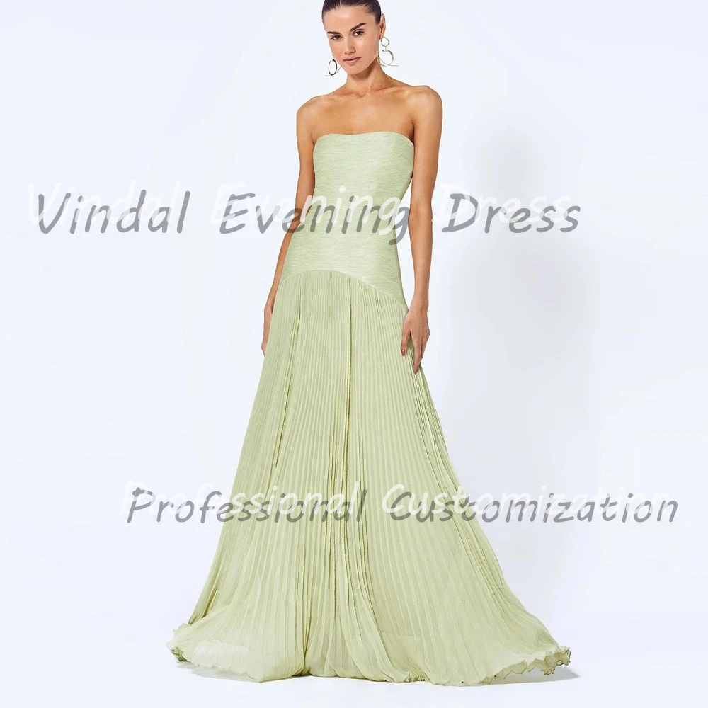 

Vindal Evening Dress Strapless Floor Length A-Line Sexy Ruffle Satin Built-in Bra Elegant Sleeveless Saudi Arabia For Woman 2024