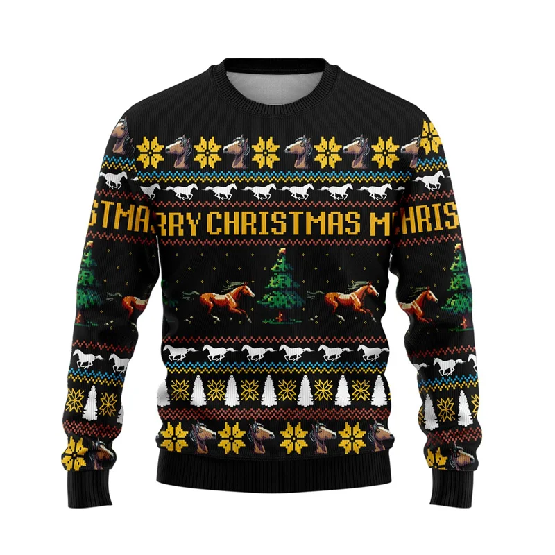 Cartoon Horse Graphic Sweatshirts Funny Ugly Sweater Xmas Holiday Crew Neck Animal Sweater For Men Clothes Unisex Polyester Tops