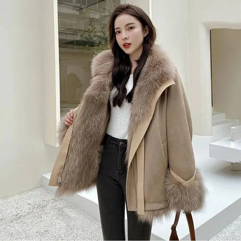 Winter Suede Splicing Imitation Fur For Women Patchwork Leather Thick Luxury Warm Coats Female Fashion New Parker Jacket