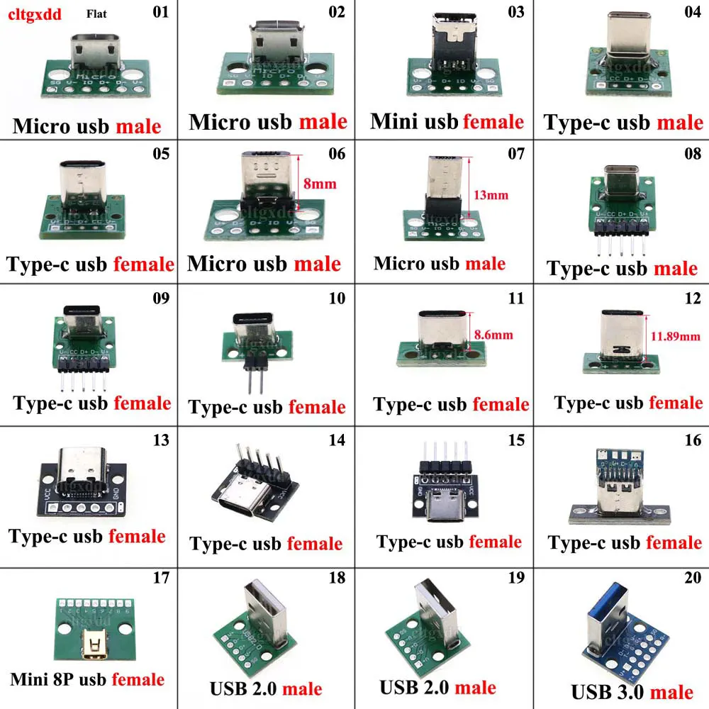 1pcs Micro Mini USB Type C USB 2.0 3.0 Male Female PCB Connector 90 Degree Data Charging Cable Jack Test Board with Pin Header