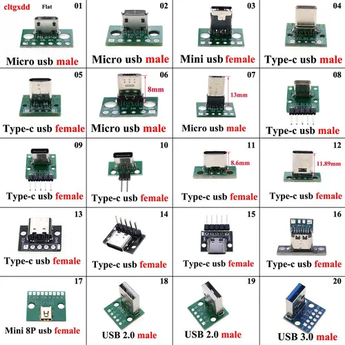 Micro Mini USB tipo C, USB 2,0, 3,0, conector PCB macho y hembra, Cable de carga de datos de 90 grados, placa de prueba con cabezal de Pin, 1 ud.