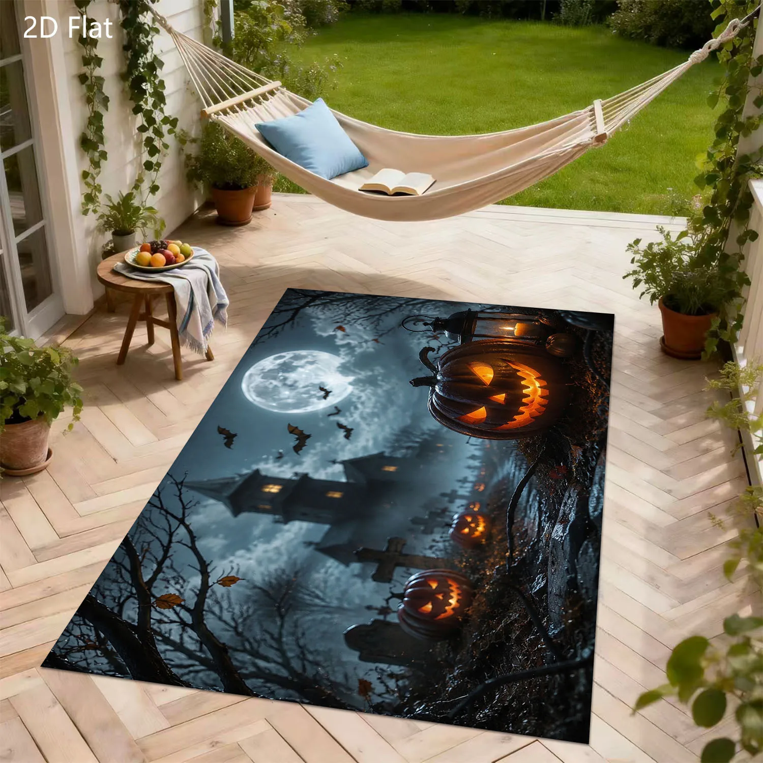 1pc 2D Flat Halloween Pumpkin Haunted House Moon Bat Printed Floor Mat, Decorative Rug for Living Room, Bedroom, Home