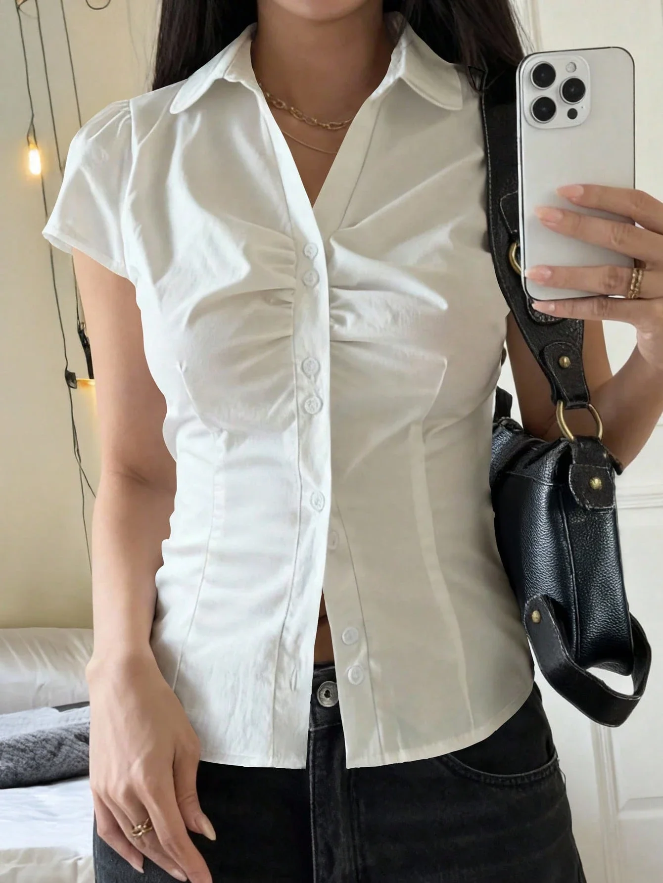 

Women's Preppy Style Collared Pleated Fitted Short Sleeve Shirt White Casual Top