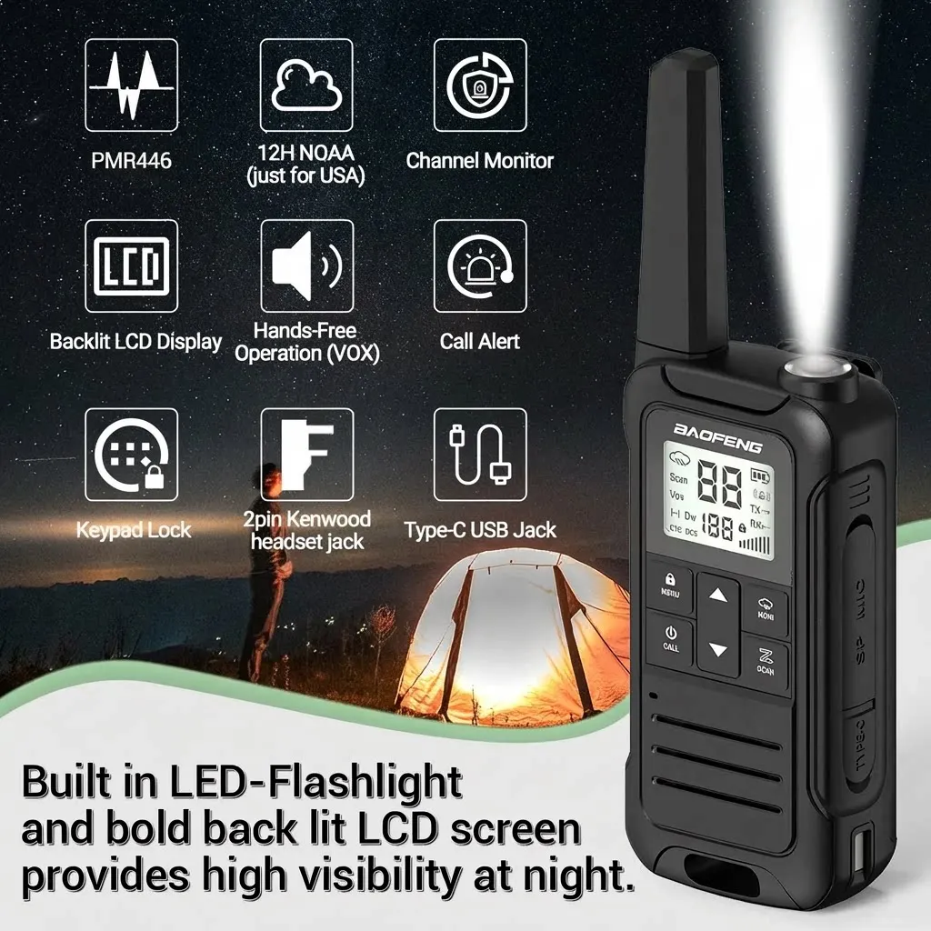 2PCS Baofeng F22 T22 PMR 446MHz Mini Walkie Talkie Waterproof Type-C Licence-free Flashlight Portable Two Way Radio for Hunting